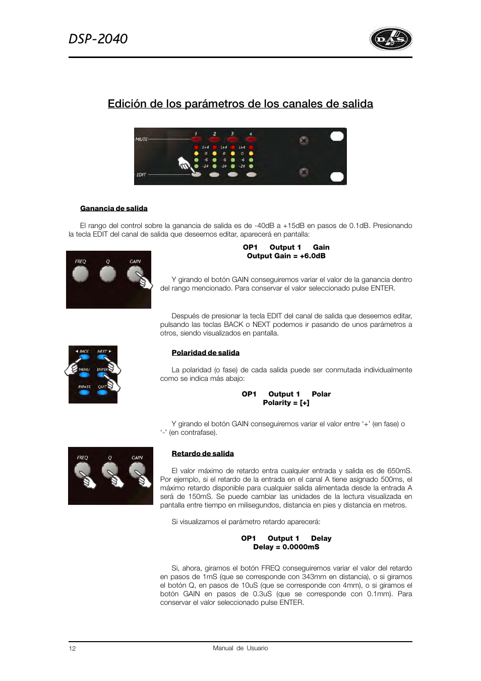 Dsp-2040, Edición de los parámetros de los canales de salida | D.A.S. Audio DSP2040 User Manual | Page 16 / 32