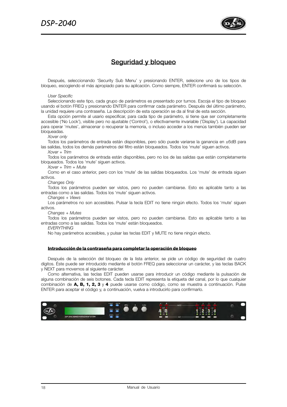 Dsp-2040, Seguridad y bloqueo | D.A.S. Audio DSP2040 User Manual | Page 22 / 32