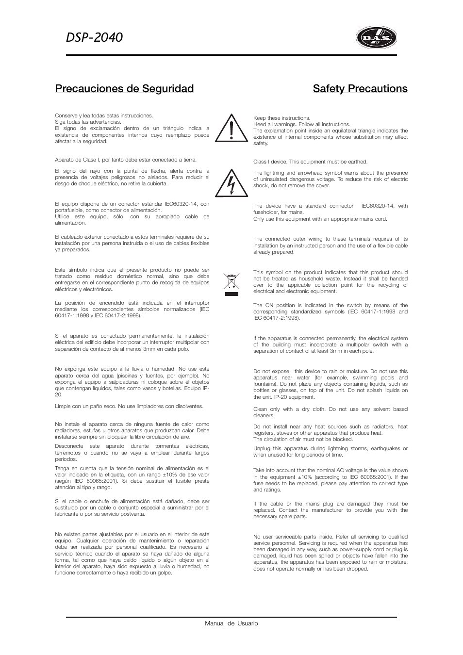 Dsp-2040, Safety precautions precauciones de seguridad | D.A.S. Audio DSP2040 User Manual | Page 3 / 32
