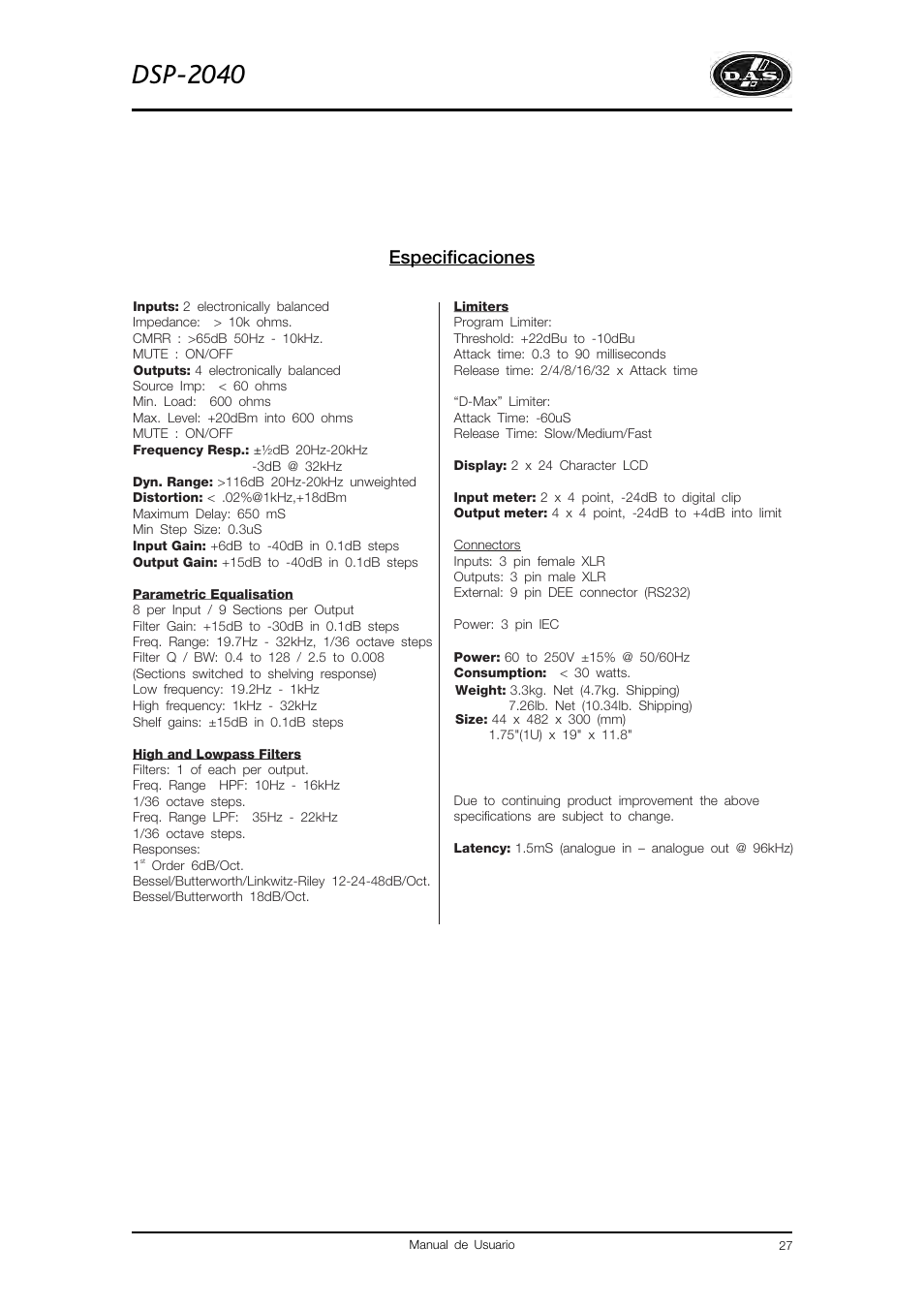 Dsp-2040, Especificaciones | D.A.S. Audio DSP2040 User Manual | Page 31 / 32