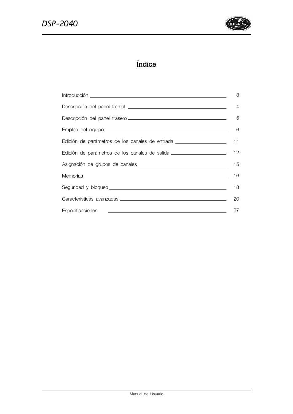 Dsp-2040, Índice | D.A.S. Audio DSP2040 User Manual | Page 5 / 32