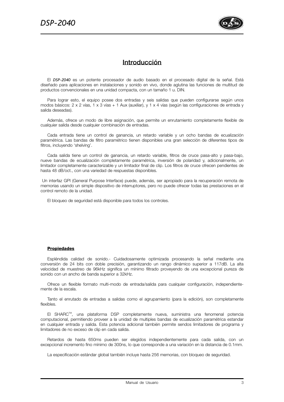 Dsp-2040, Introducción | D.A.S. Audio DSP2040 User Manual | Page 7 / 32