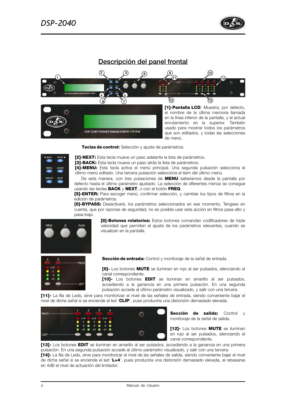 Dsp-2040, Descripción del panel frontal | D.A.S. Audio DSP2040 User Manual | Page 8 / 32