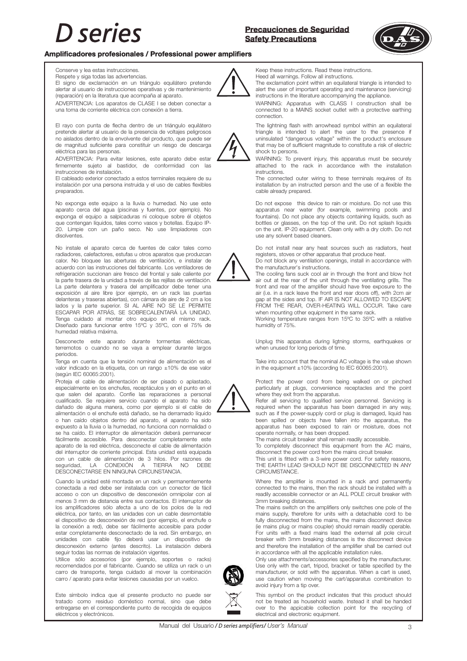 D series, Precauciones de seguridad safety precautions | D.A.S. Audio D series User Manual | Page 3 / 16