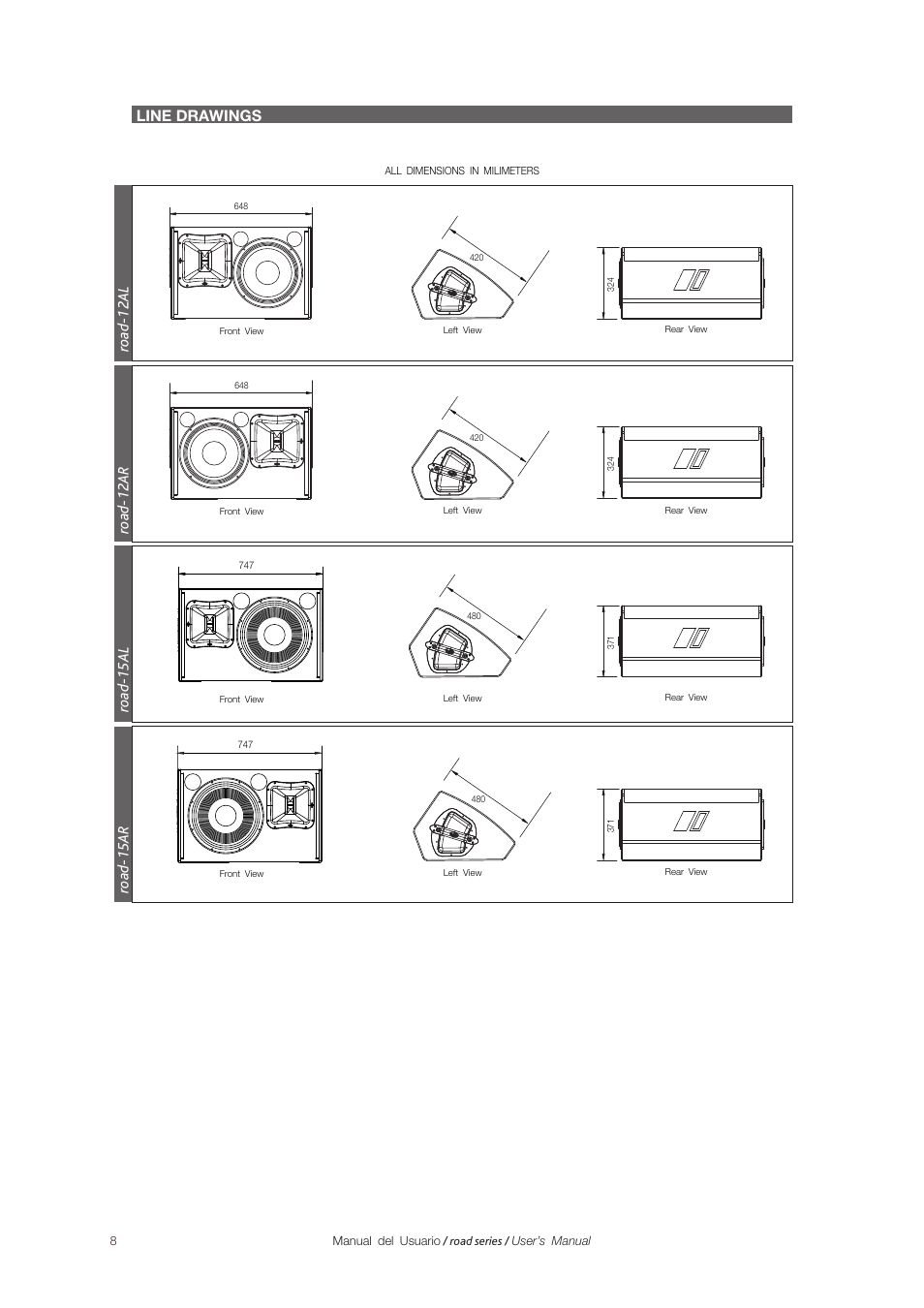 Line drawings, Ro ad -1 2 a l, Ro ad -1 2 a r | Ro ad -1 5 a l, Ro ad -1 5 a r | D.A.S. Audio Road Series User Manual | Page 8 / 14