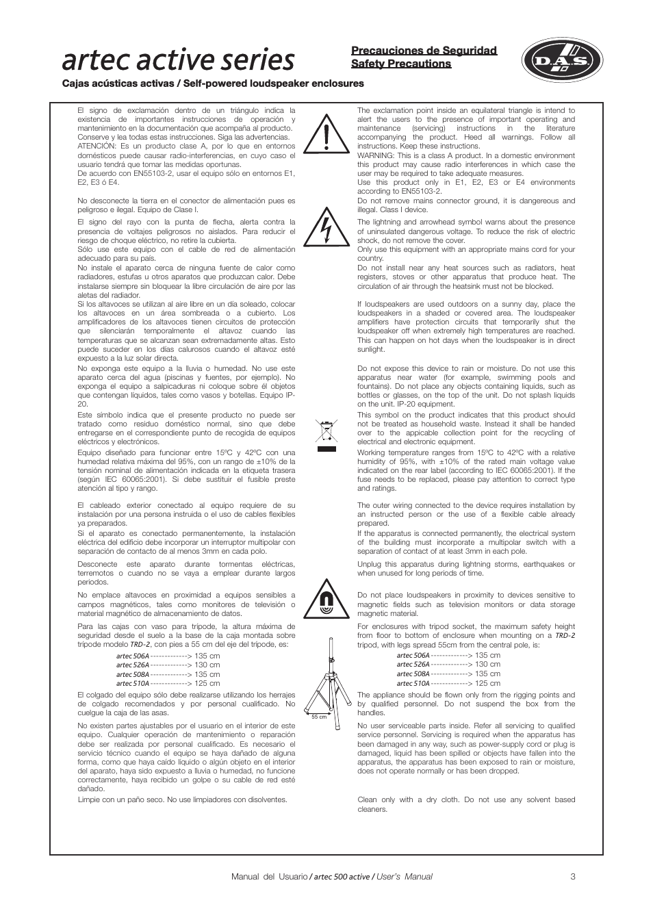 Artec active series, Precauciones de seguridad safety precautions | D.A.S. Audio Artec 500 Series User Manual | Page 3 / 19