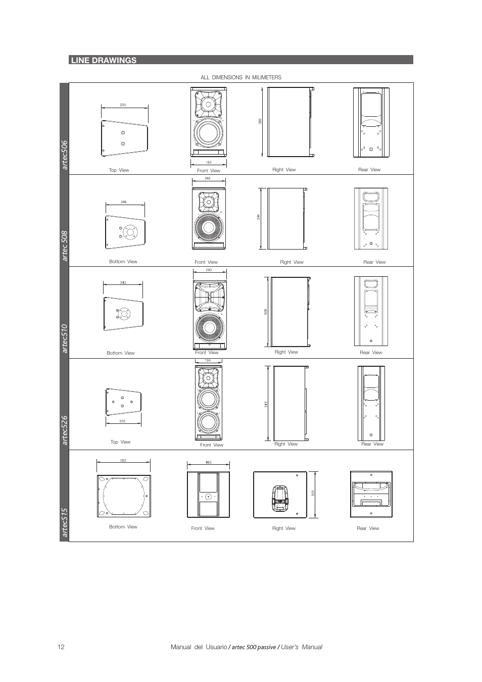 Line drawings | D.A.S. Audio Artec 500 Series User Manual | Page 12 / 15