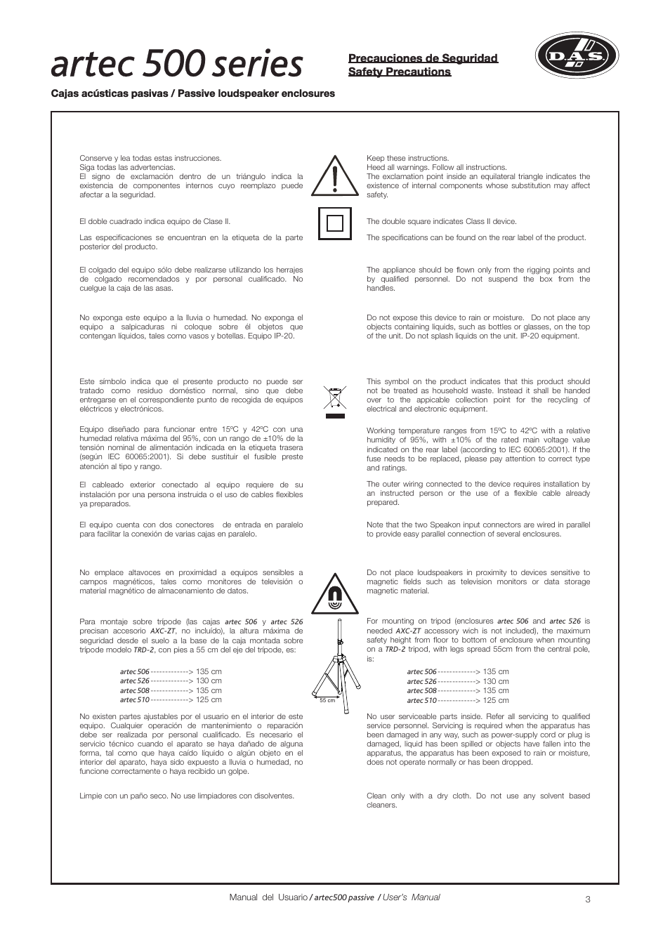 Artec 500 series, Precauciones de seguridad safety precautions | D.A.S. Audio Artec 500 Series User Manual | Page 3 / 15