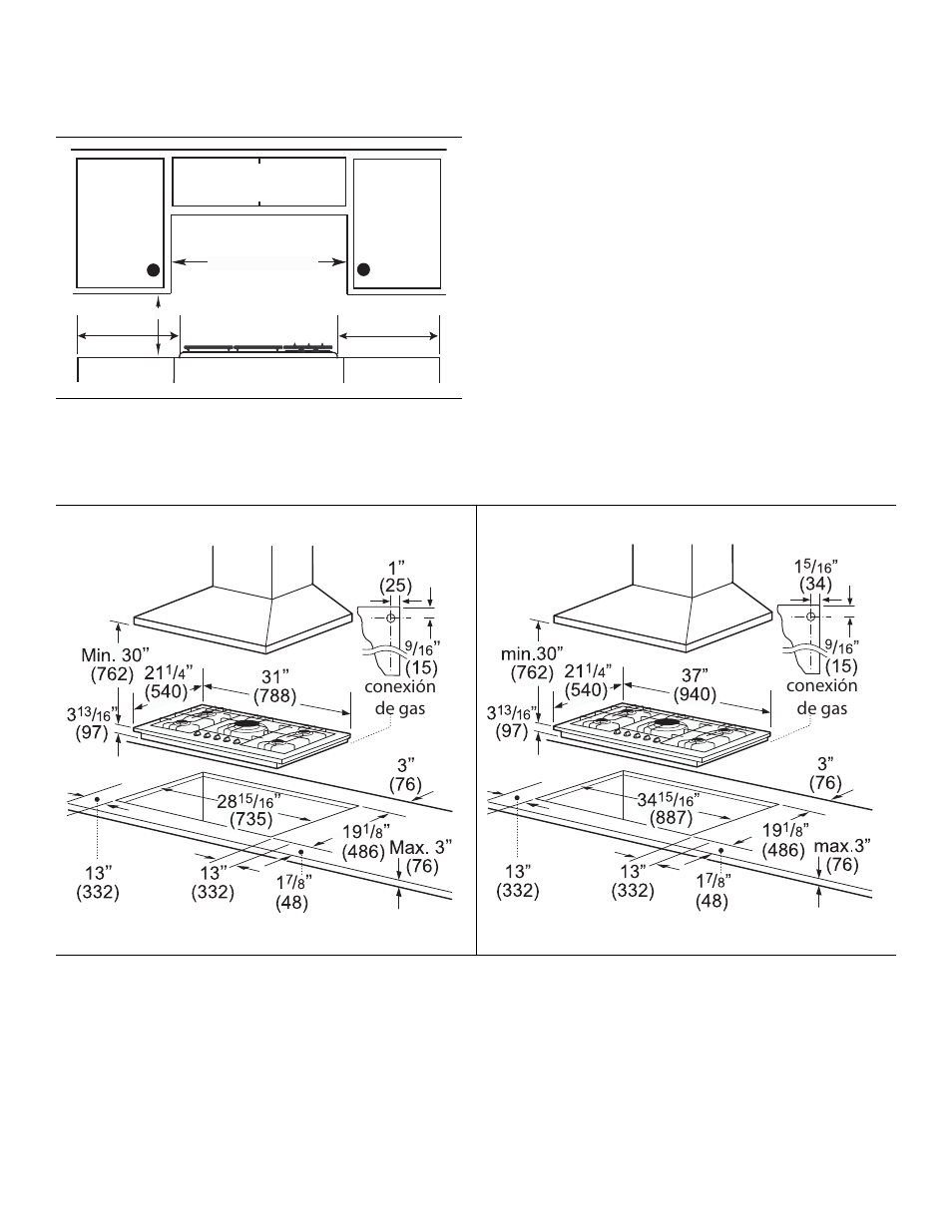 Nota, Requisitos de la superficie de trabajo, Figura 2: dimensiones del recorte | Requisitos de montaje, Recomendaciones de ventilación, Conexión de gas medida en pulgadas/mm, Medida en pulgadas/mm conexión de gas | Bosch NGM User Manual | Page 26 / 32