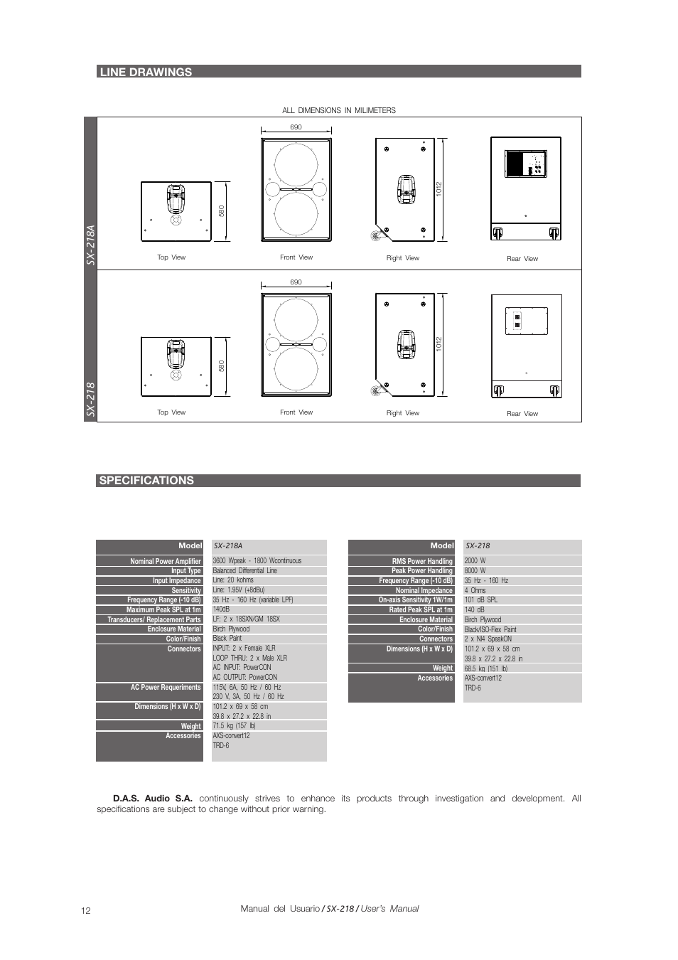 Specifications, Line drawings | D.A.S. Audio SX-218A User Manual | Page 12 / 17