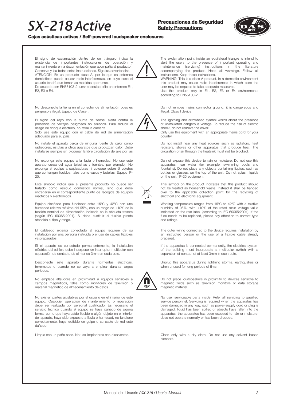 Sx-218 active, Precauciones de seguridad safety precautions | D.A.S. Audio SX-218A User Manual | Page 3 / 17
