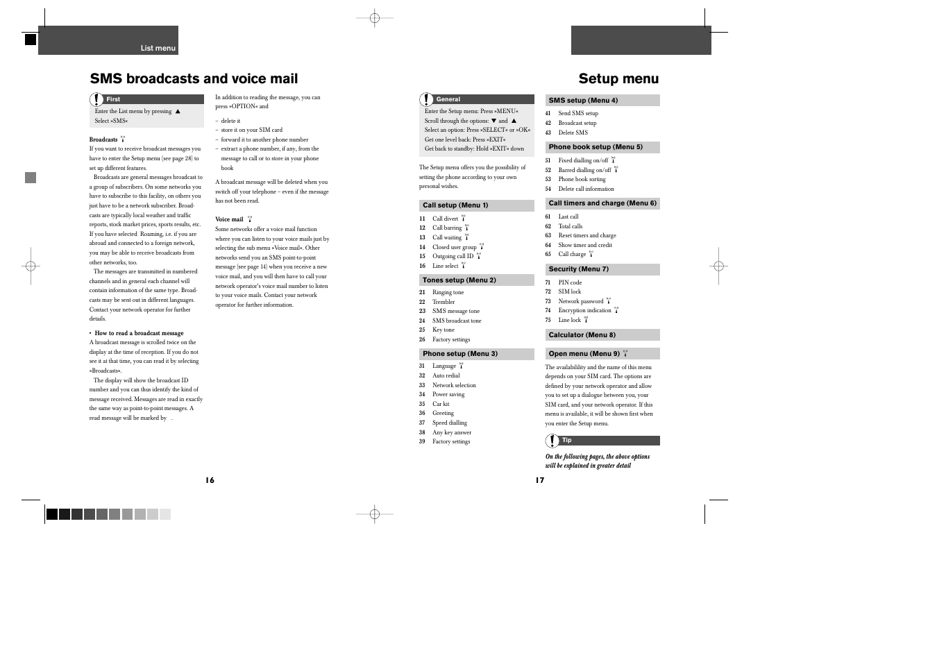 Sms broadcasts and voice mail setup menu | Bosch GSM 509 User Manual | Page 10 / 22