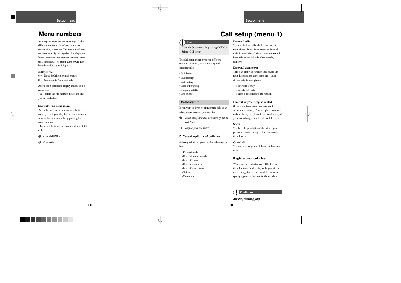 Call setup (menu 1), Menu numbers | Bosch GSM 509 User Manual | Page 11 / 22