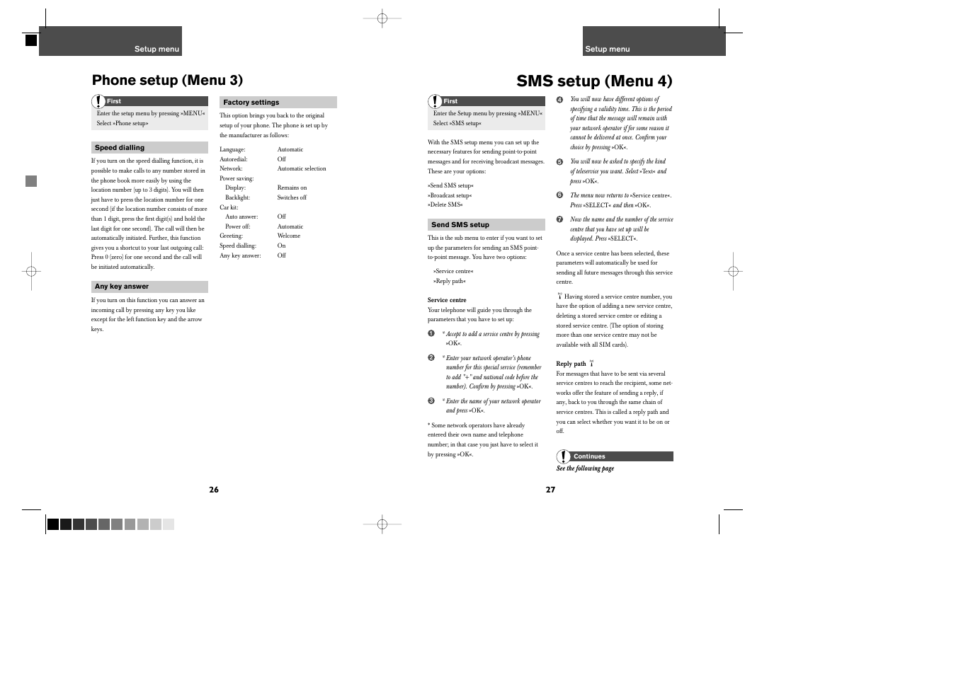 Sms setup (menu 4), Phone setup (menu 3) | Bosch GSM 509 User Manual | Page 15 / 22