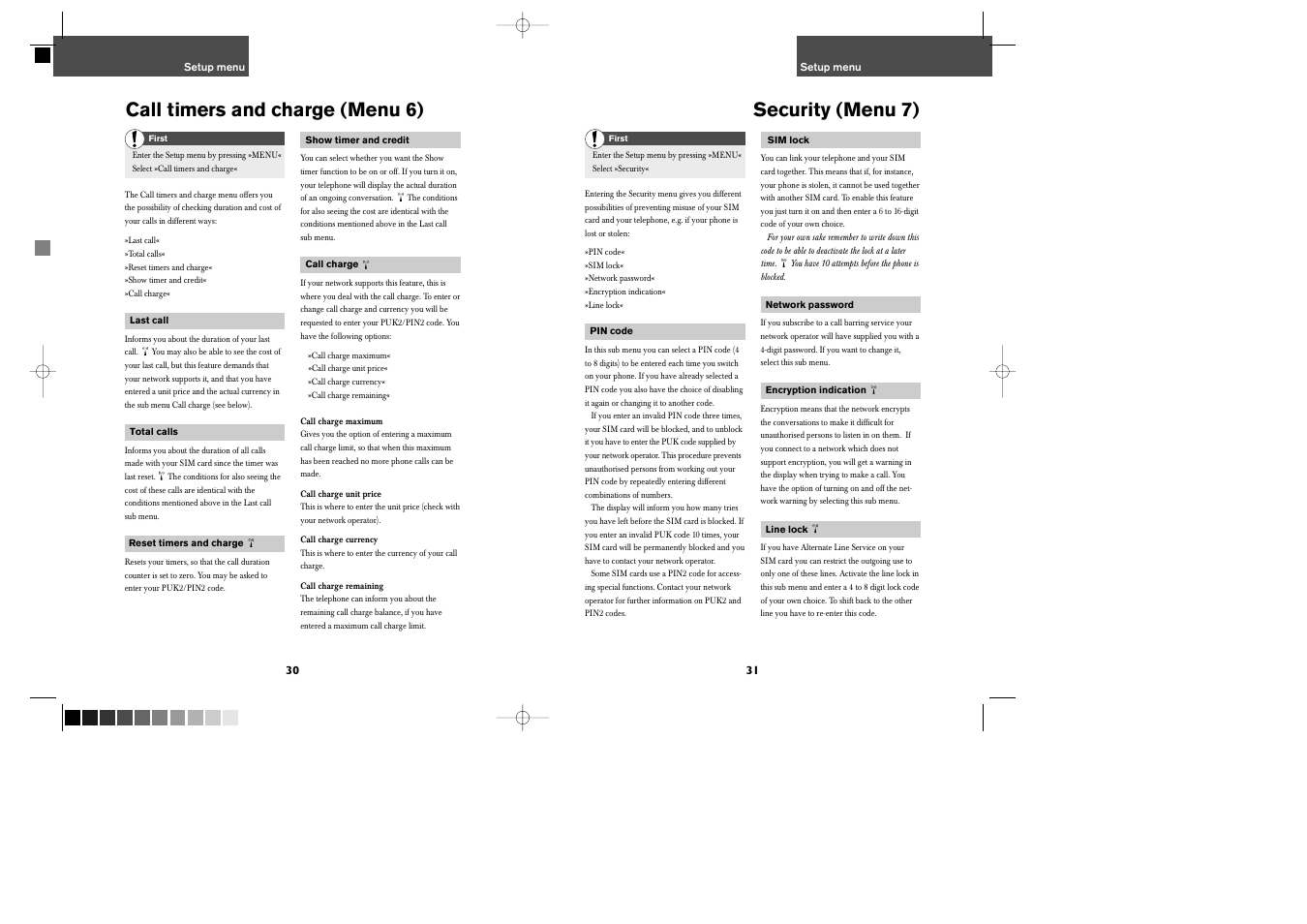 Security (menu 7), Call timers and charge (menu 6) | Bosch GSM 509 User Manual | Page 17 / 22