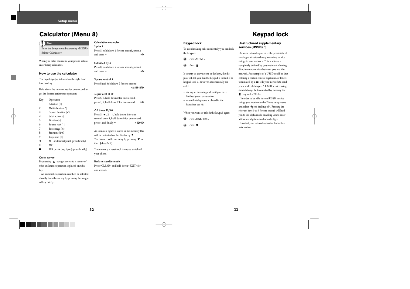 Keypad lock, Calculator (menu 8) | Bosch GSM 509 User Manual | Page 18 / 22