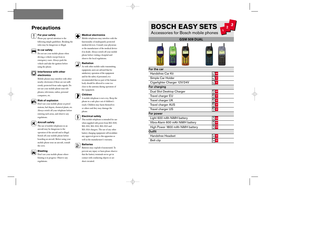 Bosch easy sets, Precautions, Accessories for bosch mobile phones | Bosch GSM 509 User Manual | Page 2 / 22