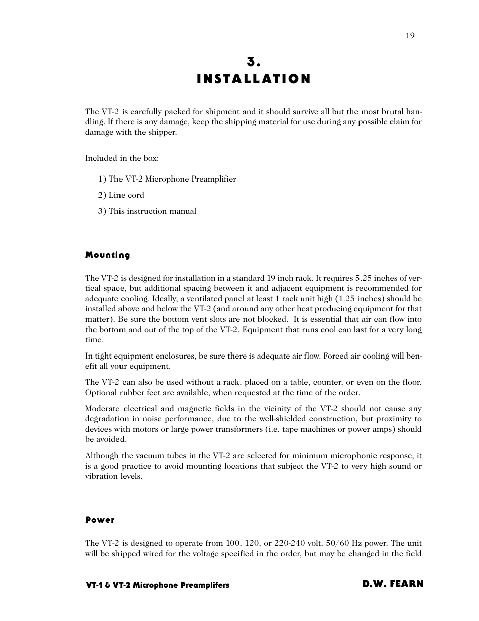 3 . i n s ta l l at i o n | D.W. Fearn VT-2 User Manual | Page 19 / 40