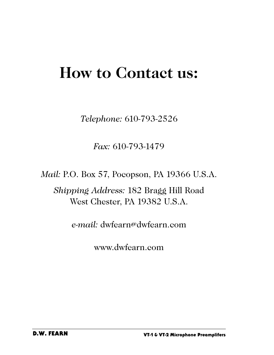 How to contact us | D.W. Fearn VT-2 User Manual | Page 2 / 40