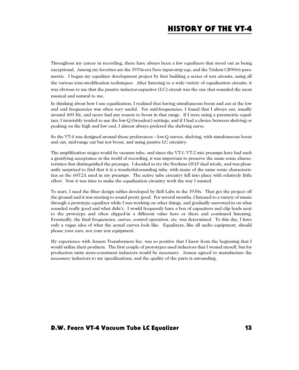 History of the vt-4, D.w. fearn vt-4 vacuum tube lc equalizer 13 | D.W. Fearn VT-4 User Manual | Page 8 / 15