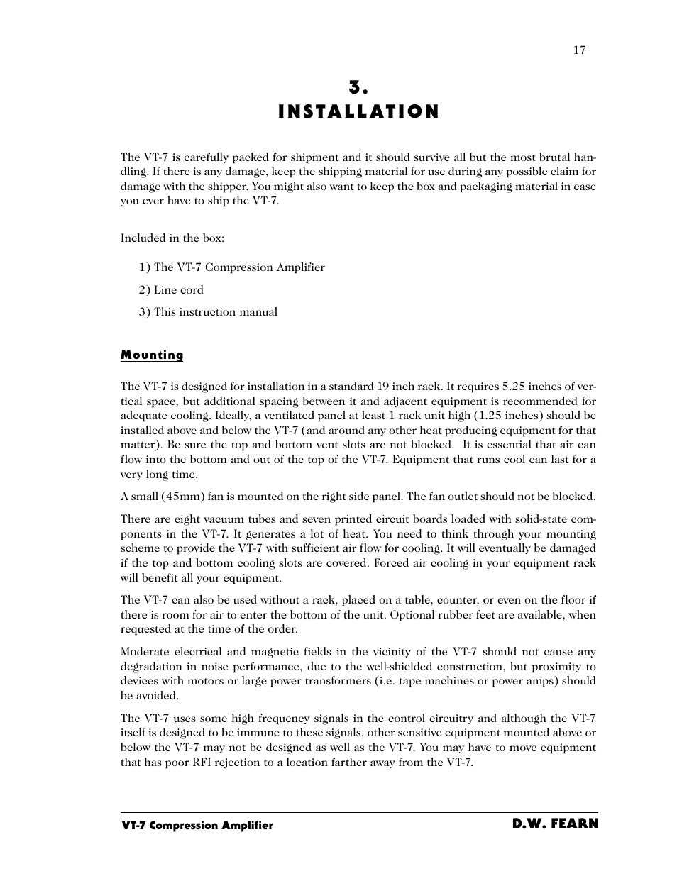 3 . i n s ta l l at i o n | D.W. Fearn VT-7 User Manual | Page 13 / 24