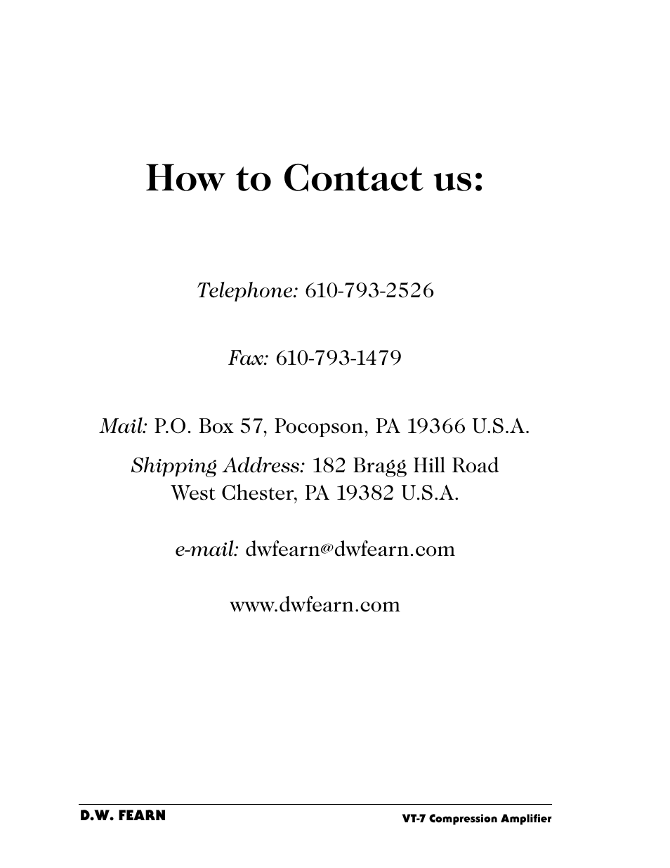 How to contact us | D.W. Fearn VT-7 User Manual | Page 2 / 24