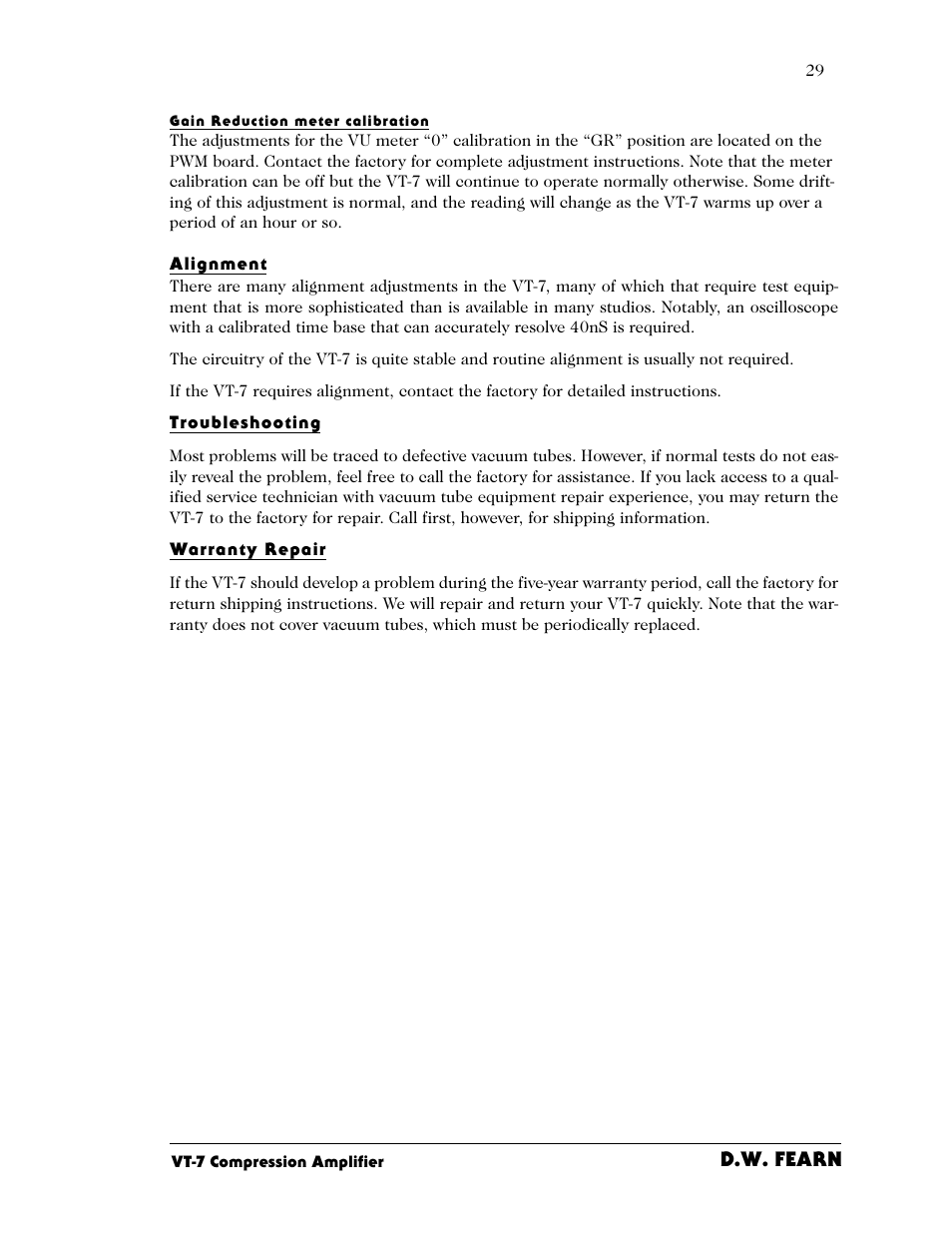 D.w. fearn | D.W. Fearn VT-7 User Manual | Page 24 / 24