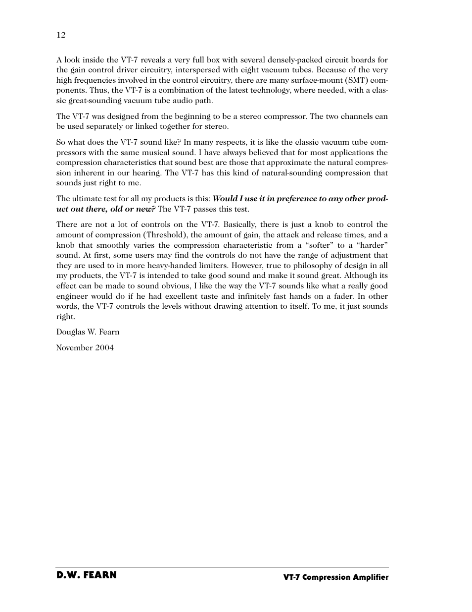 D.w. fearn | D.W. Fearn VT-7 User Manual | Page 9 / 24