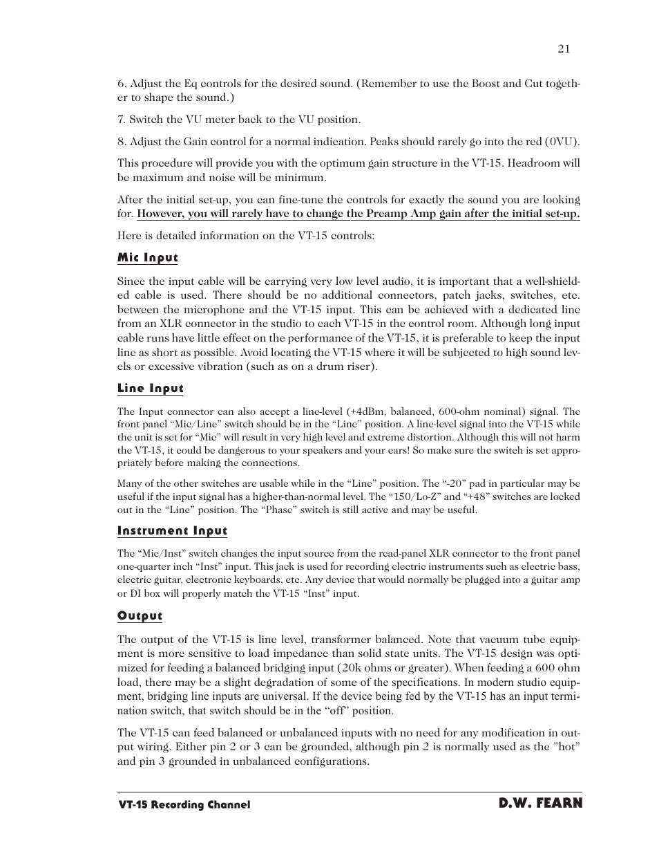 D.w. fearn | D.W. Fearn VT15 User Manual | Page 19 / 31