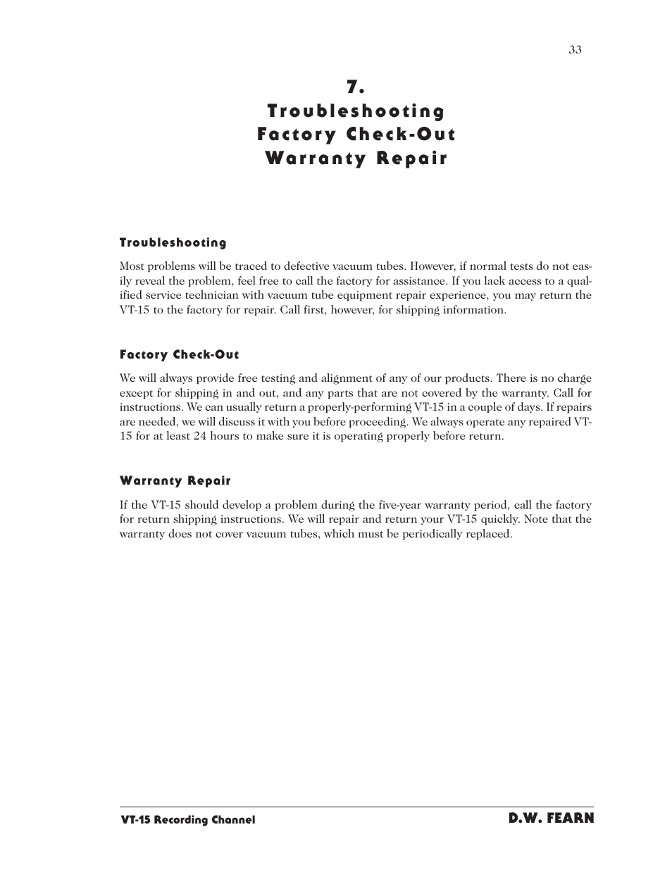 D.W. Fearn VT15 User Manual | Page 31 / 31