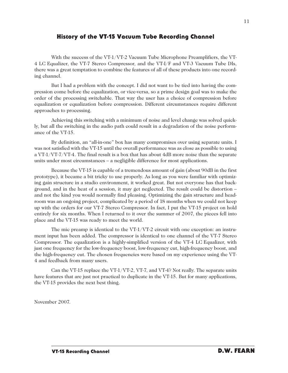 D.w. fearn, History of the vt-15 vacuum tube recording channel | D.W. Fearn VT15 User Manual | Page 9 / 31