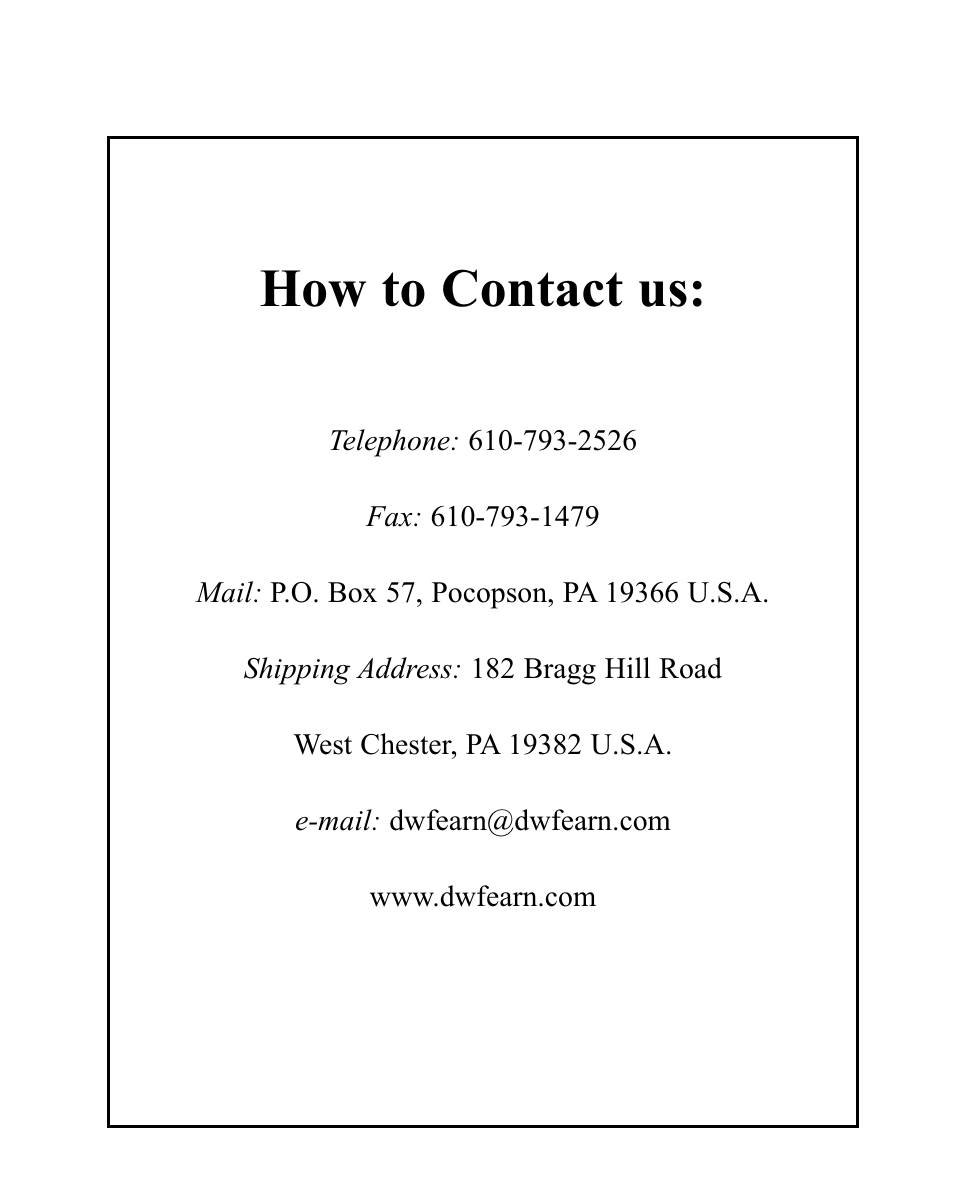 How to contact us | D.W. Fearn VT-3 User Manual | Page 2 / 23