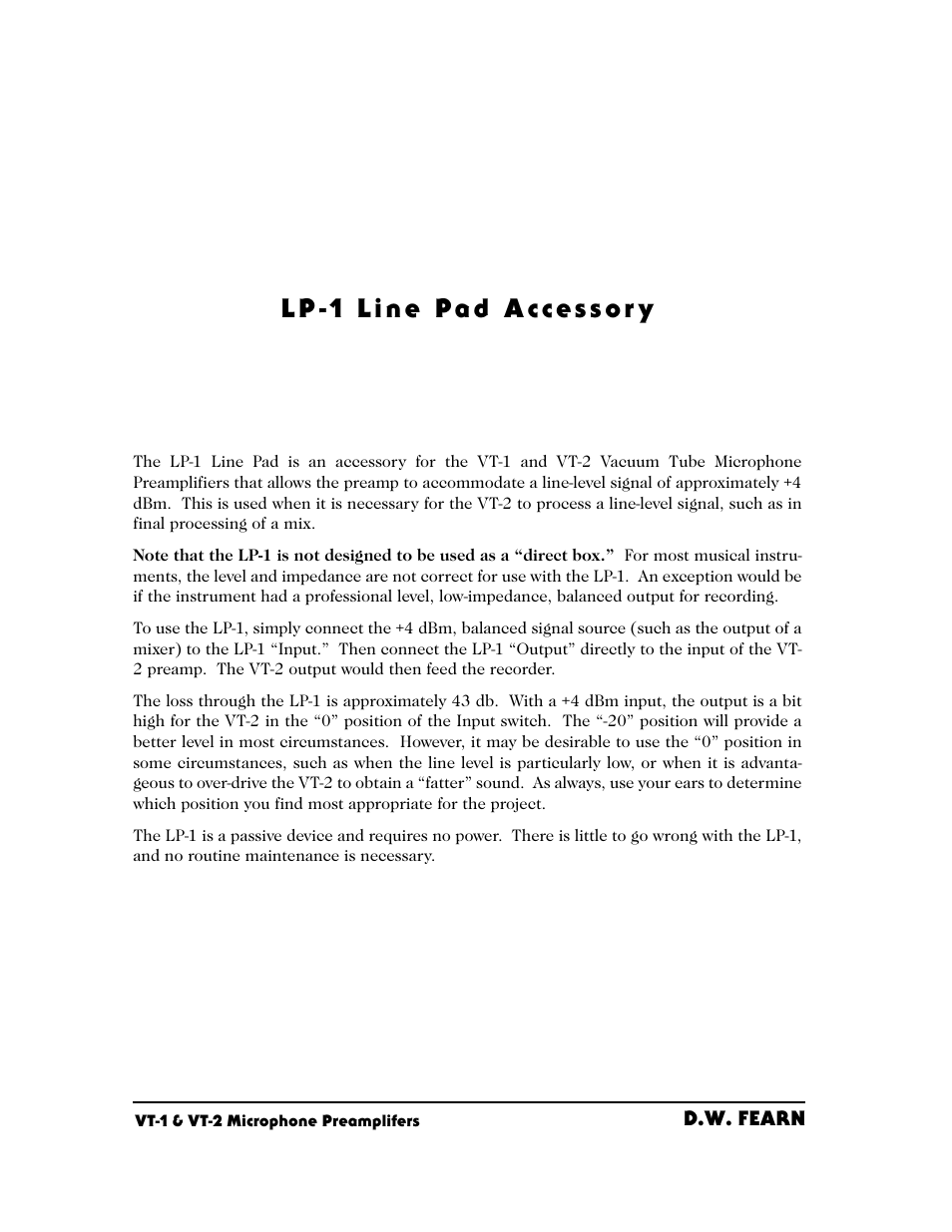 D.W. Fearn LP-1 User Manual | 1 page