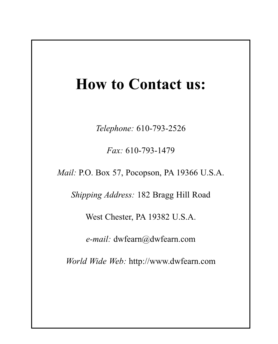 How to contact us | D.W. Fearn VT-I/F User Manual | Page 2 / 23