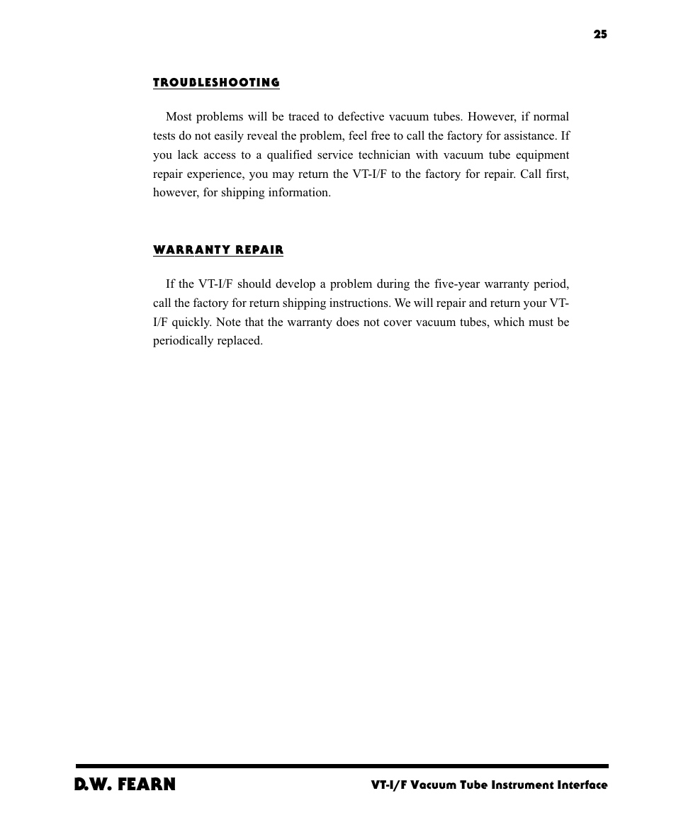 D.w. fearn | D.W. Fearn VT-I/F User Manual | Page 23 / 23