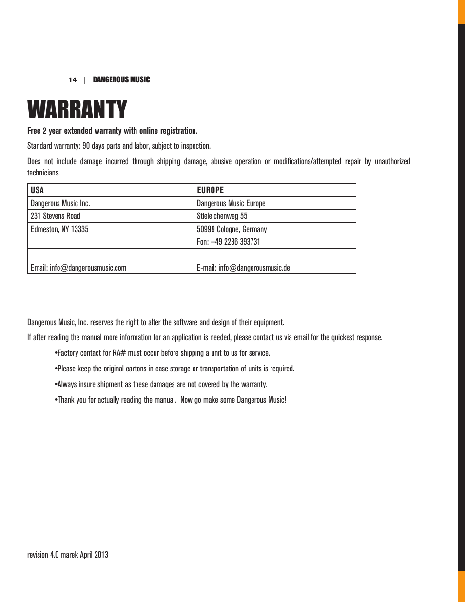 Warranty | Dangerous Music BAX EQ User Manual | Page 18 / 19