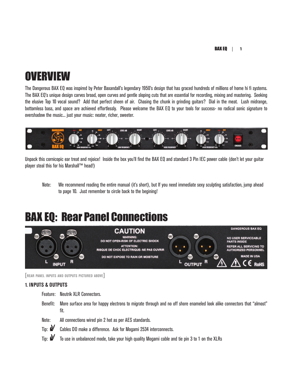 Overview, Bax eq: rear panel connections | Dangerous Music BAX EQ User Manual | Page 5 / 19