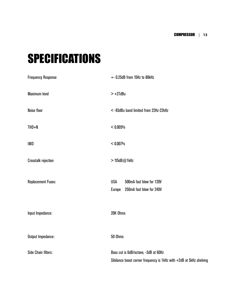 Specifications | Dangerous Music Compressor User Manual | Page 17 / 19