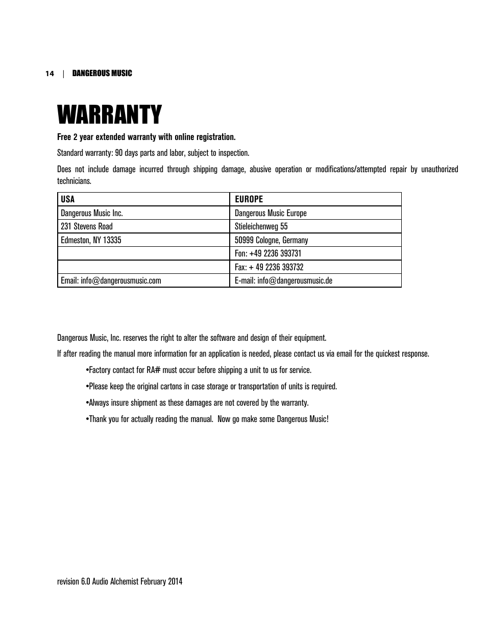 Warranty | Dangerous Music Compressor User Manual | Page 18 / 19