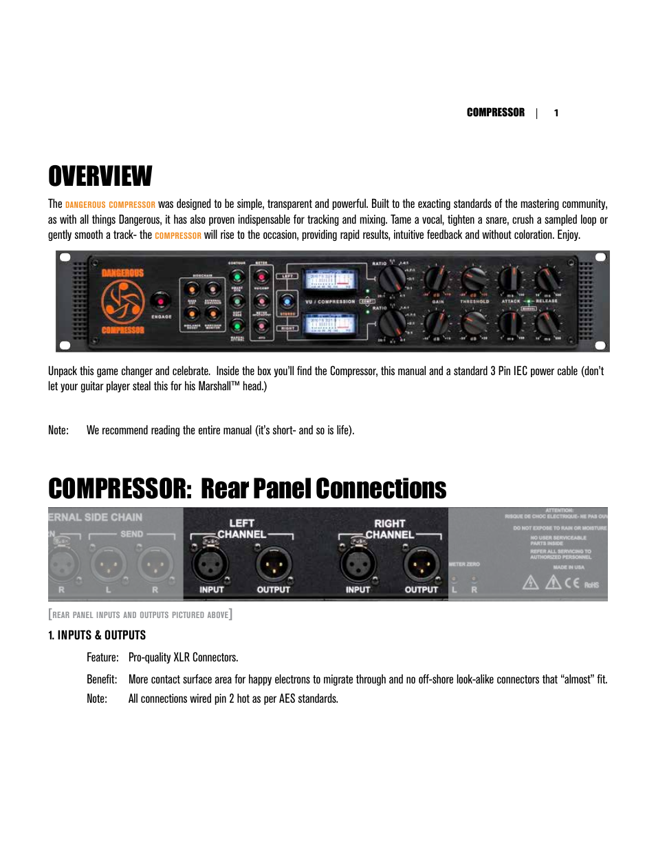 Overview, Compressor: rear panel connections | Dangerous Music Compressor User Manual | Page 5 / 19