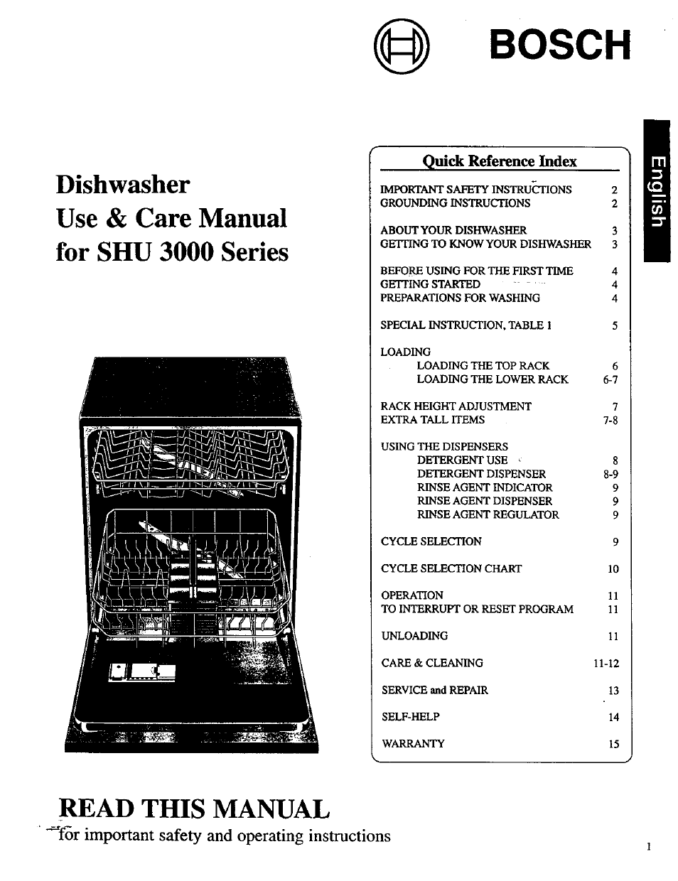 Bosch, Dishwasher, Use & care manual for shu 3000 series | Read this manual, Leor important safety and operating instructions, Quick reference index | Bosch SHU 3000 User Manual | Page 2 / 18