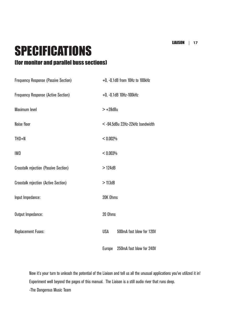 Specifications | Dangerous Music Liaison User Manual | Page 22 / 24