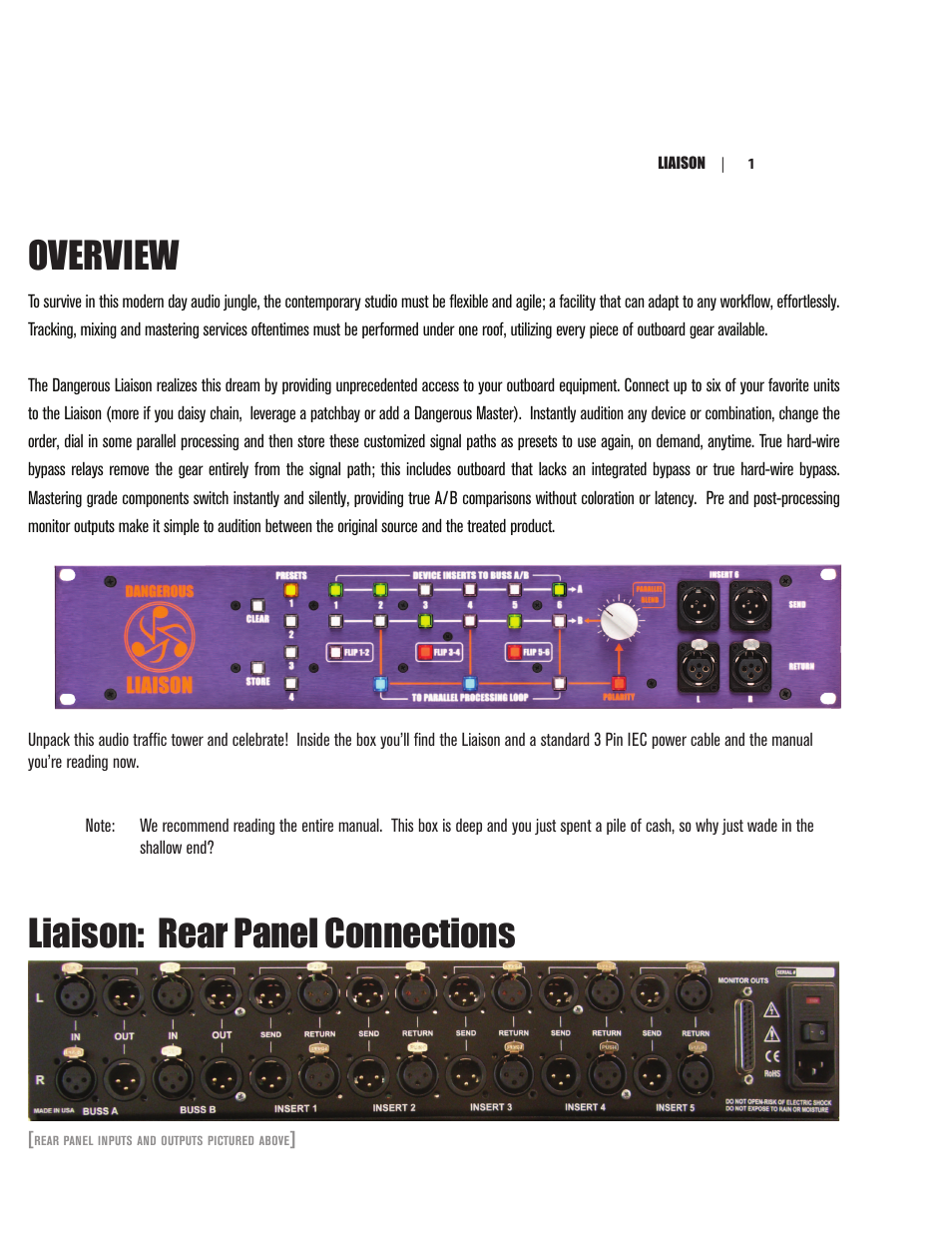 Overview, Liaison: rear panel connections | Dangerous Music Liaison User Manual | Page 6 / 24