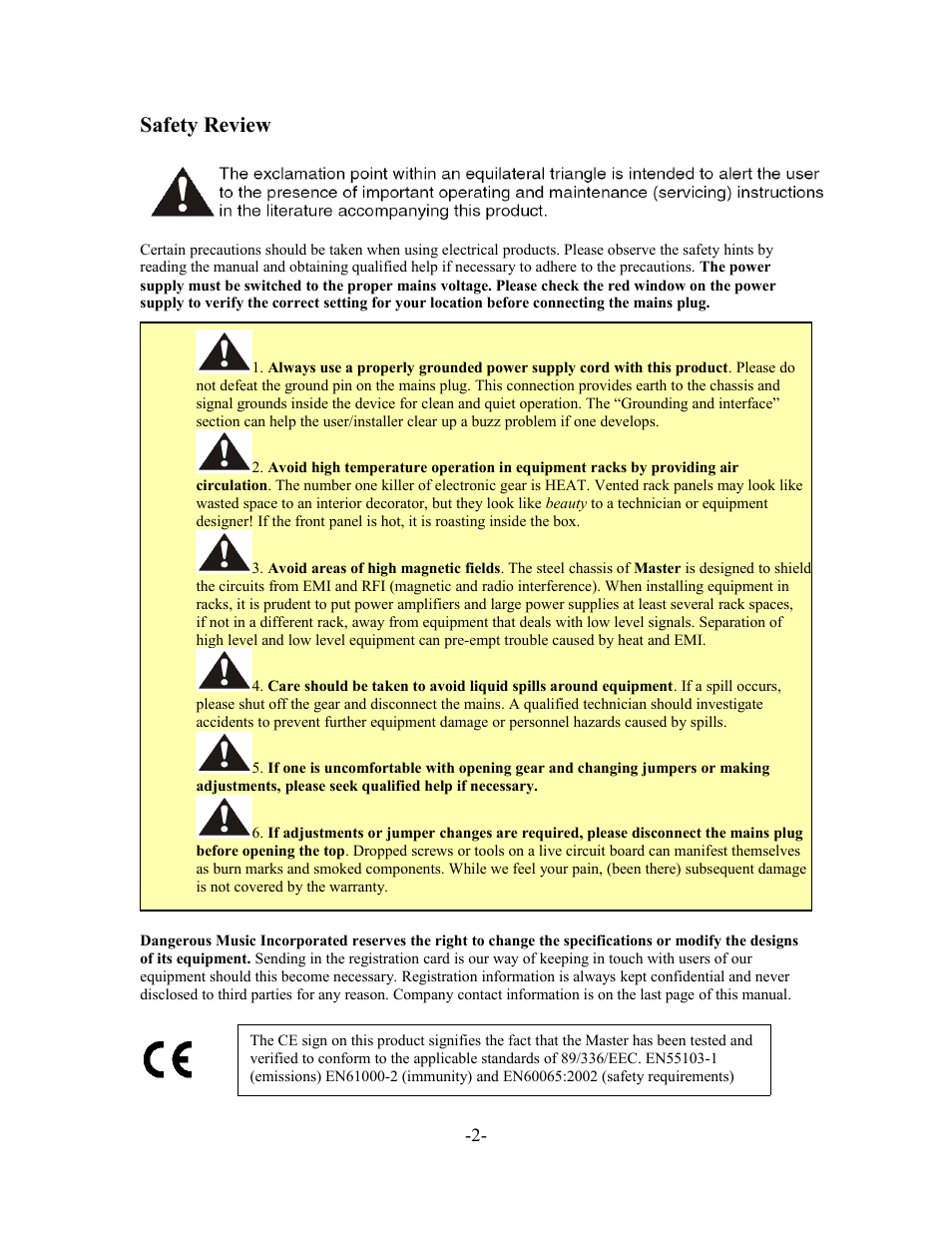 Master pg2, Safety review | Dangerous Music Master User Manual | Page 2 / 7