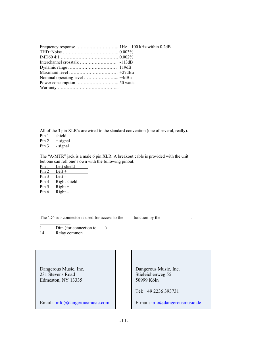 Mon newpg11.doc, Specifications, Connector pinouts | Dangerous Music Monitor User Manual | Page 11 / 11