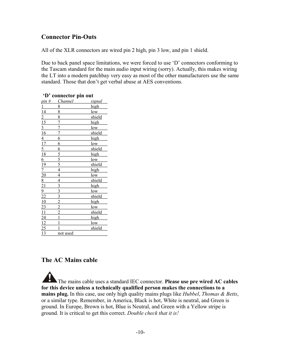 Connector pin-outs, The ac mains cable | Dangerous Music 2-Bus LT User Manual | Page 10 / 11