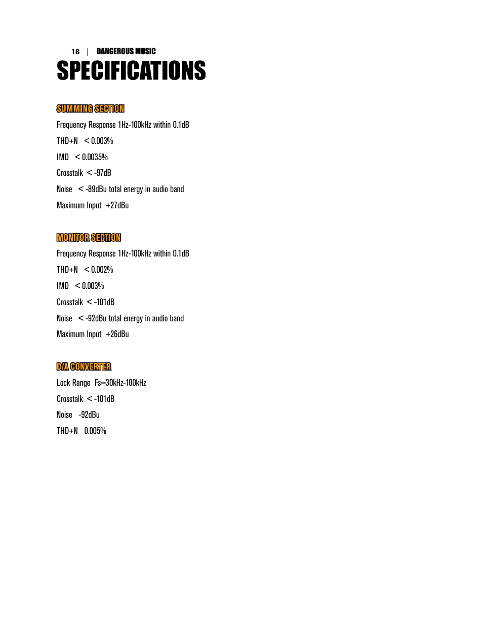 Specifications | Dangerous Music D-Box User Manual | Page 20 / 22