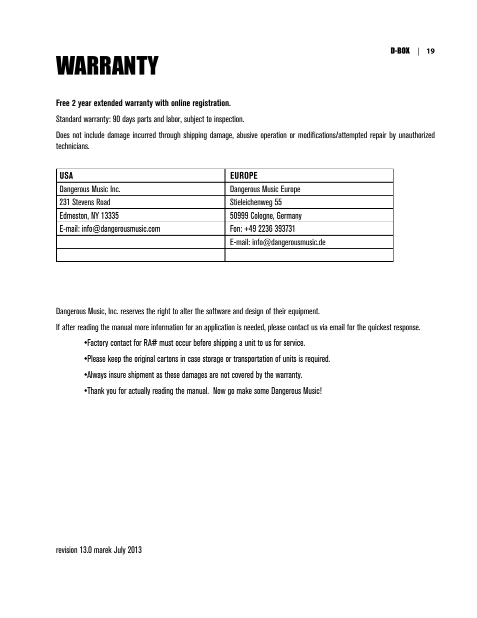 Warranty | Dangerous Music D-Box User Manual | Page 21 / 22