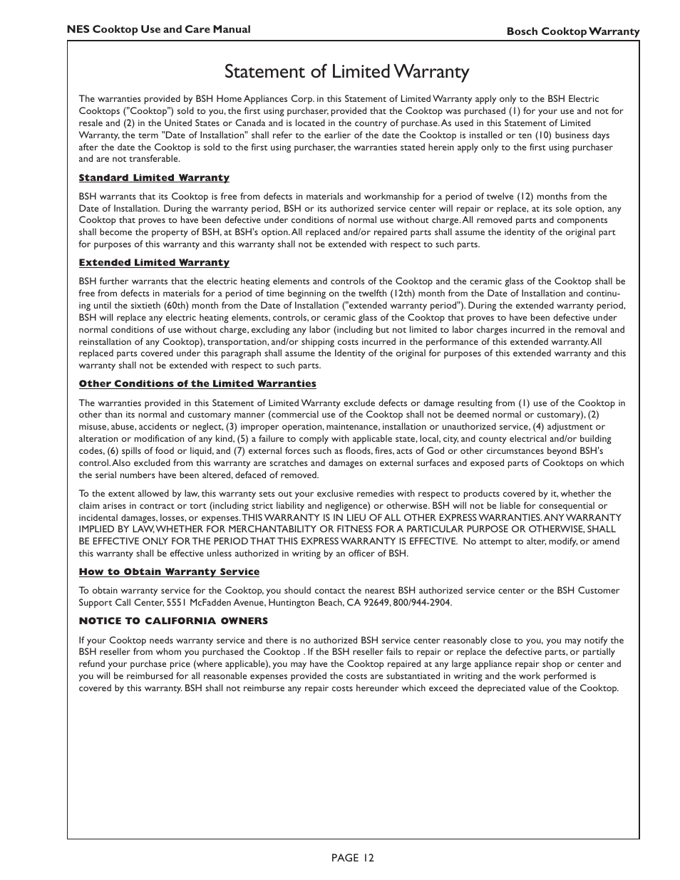 Statement of limited warranty | Bosch NES 930 UC User Manual | Page 14 / 48