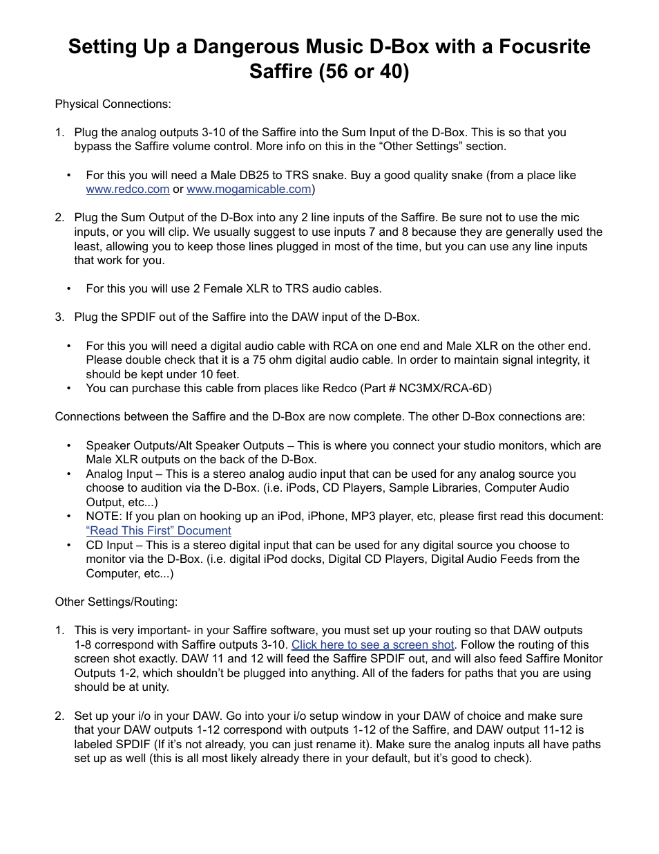 Dangerous Music D-Box with Focusrite Saffire User Manual | 2 pages
